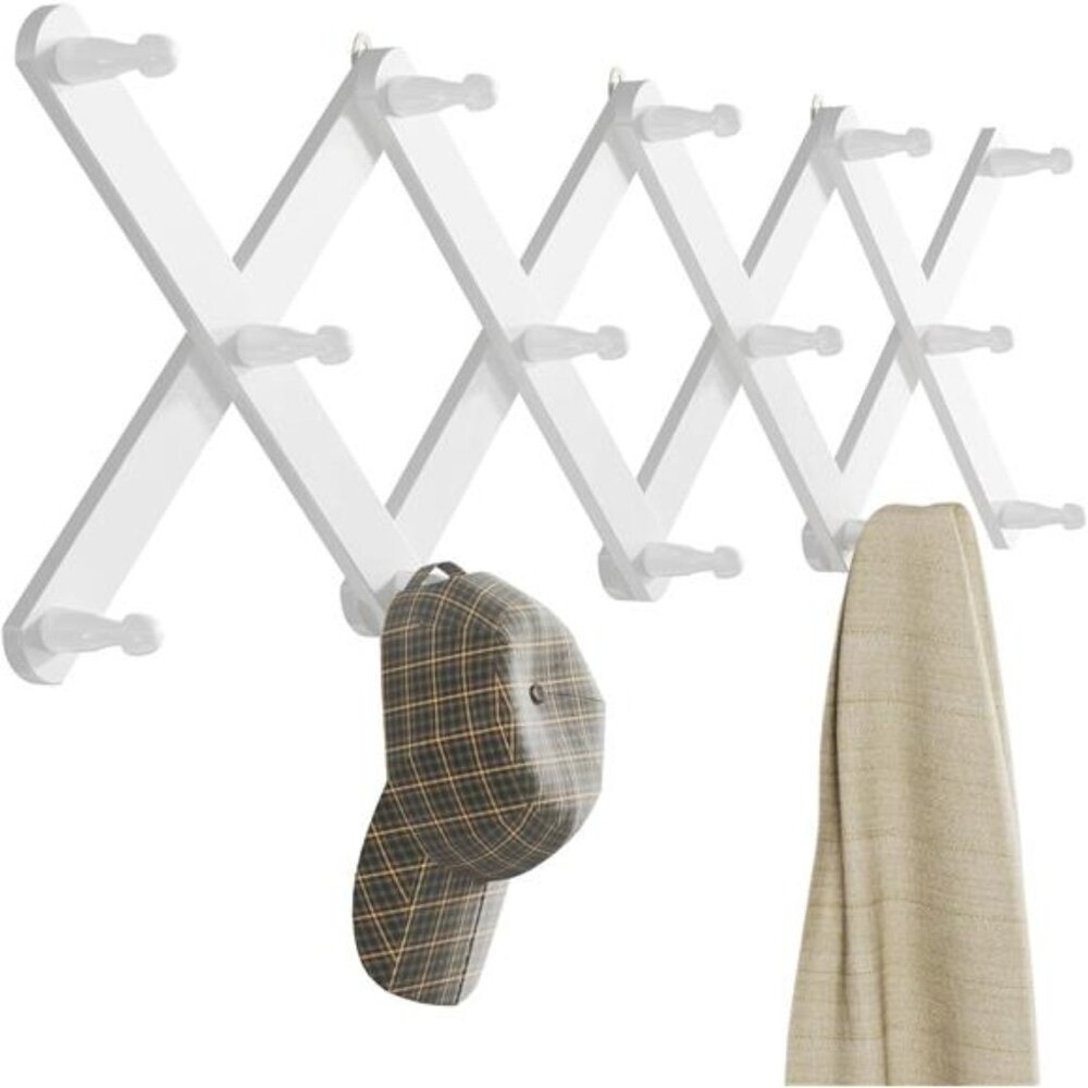 Wood Accordion Wall Hanger, Expandable Coat Rack Wall Mount with 14 Pegs